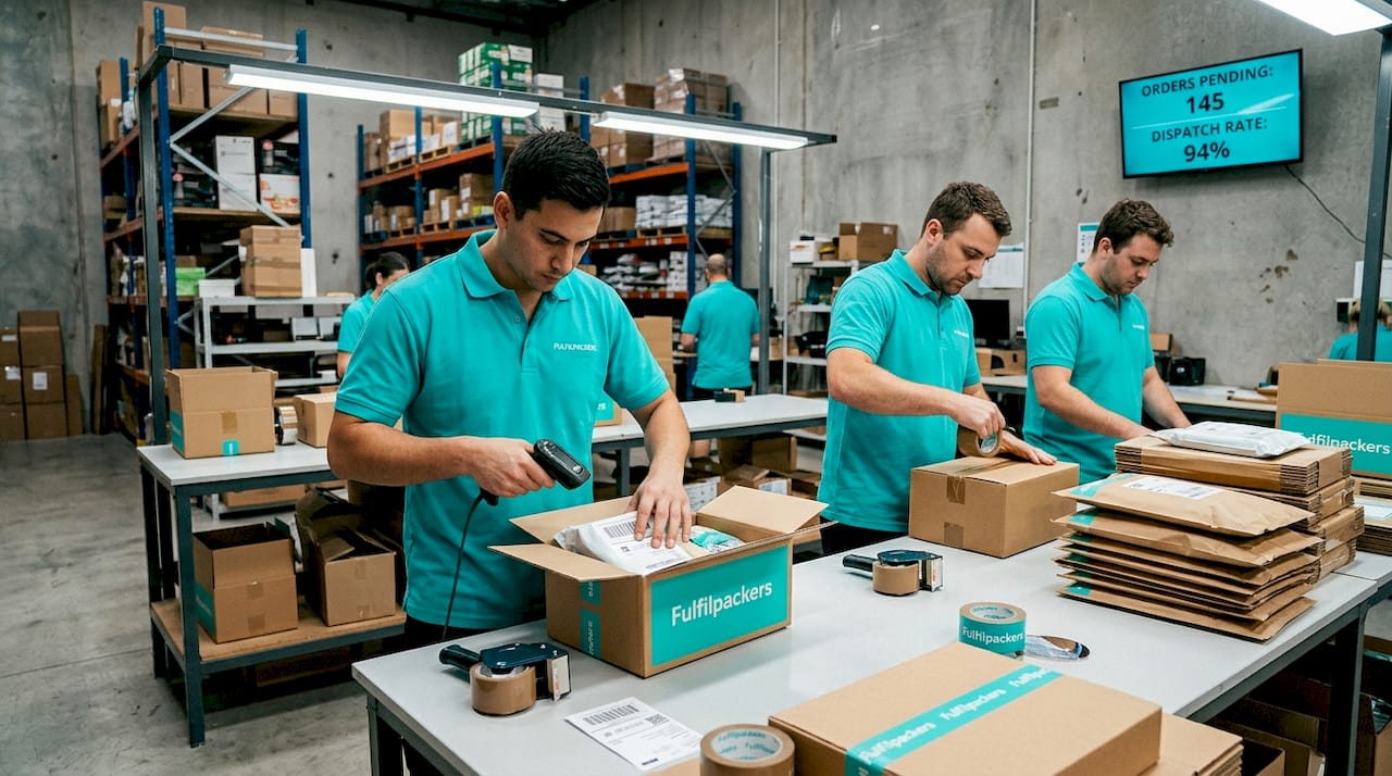 Warehouse workers packing ecommerce orders
