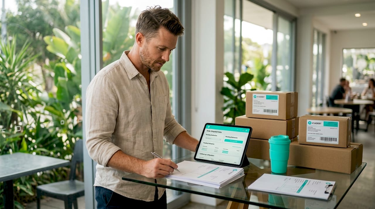 Australian business owner reviewing logistics documents