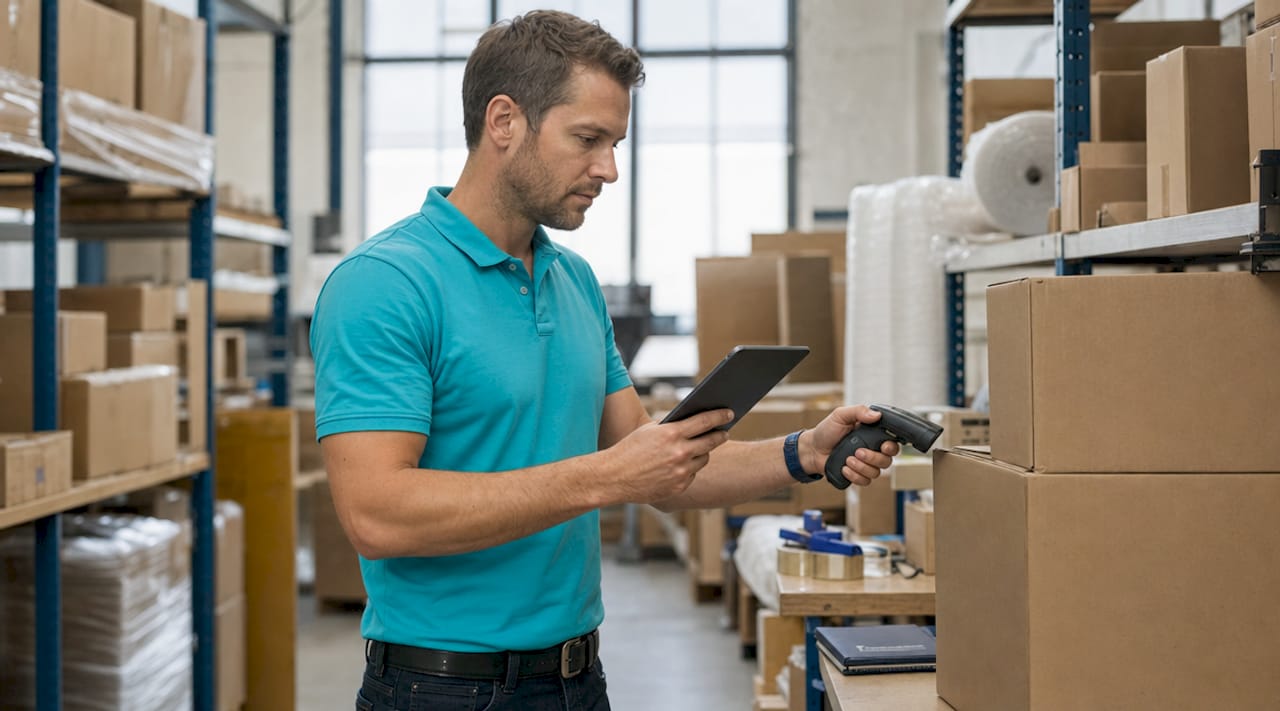 Logistics manager scanning package in warehouse