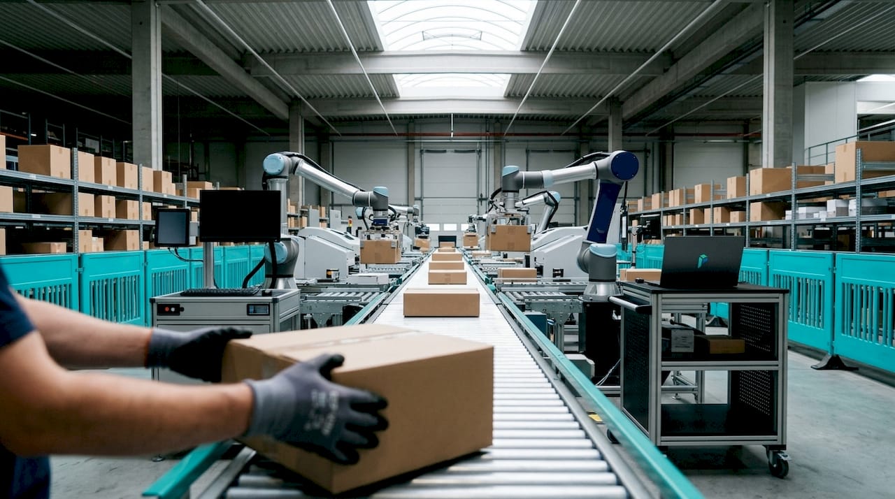Automated robot arms packing parcels in warehouse