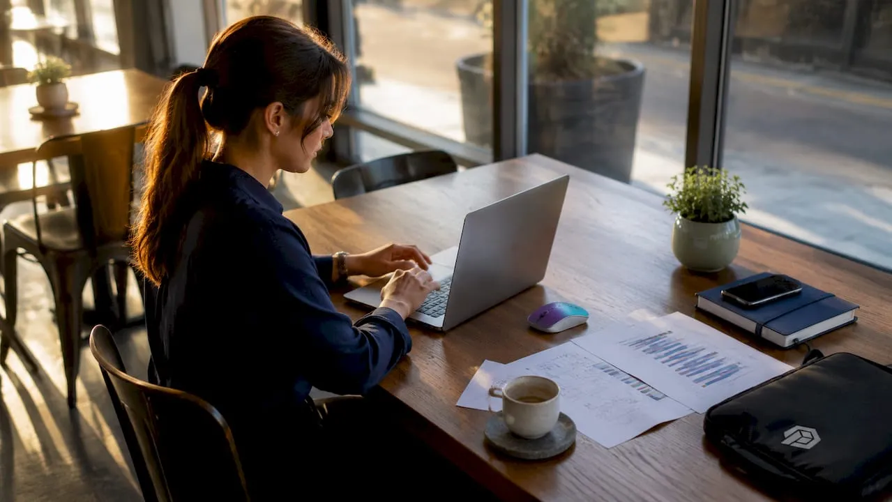 Home office hands typing on laptop keyboard