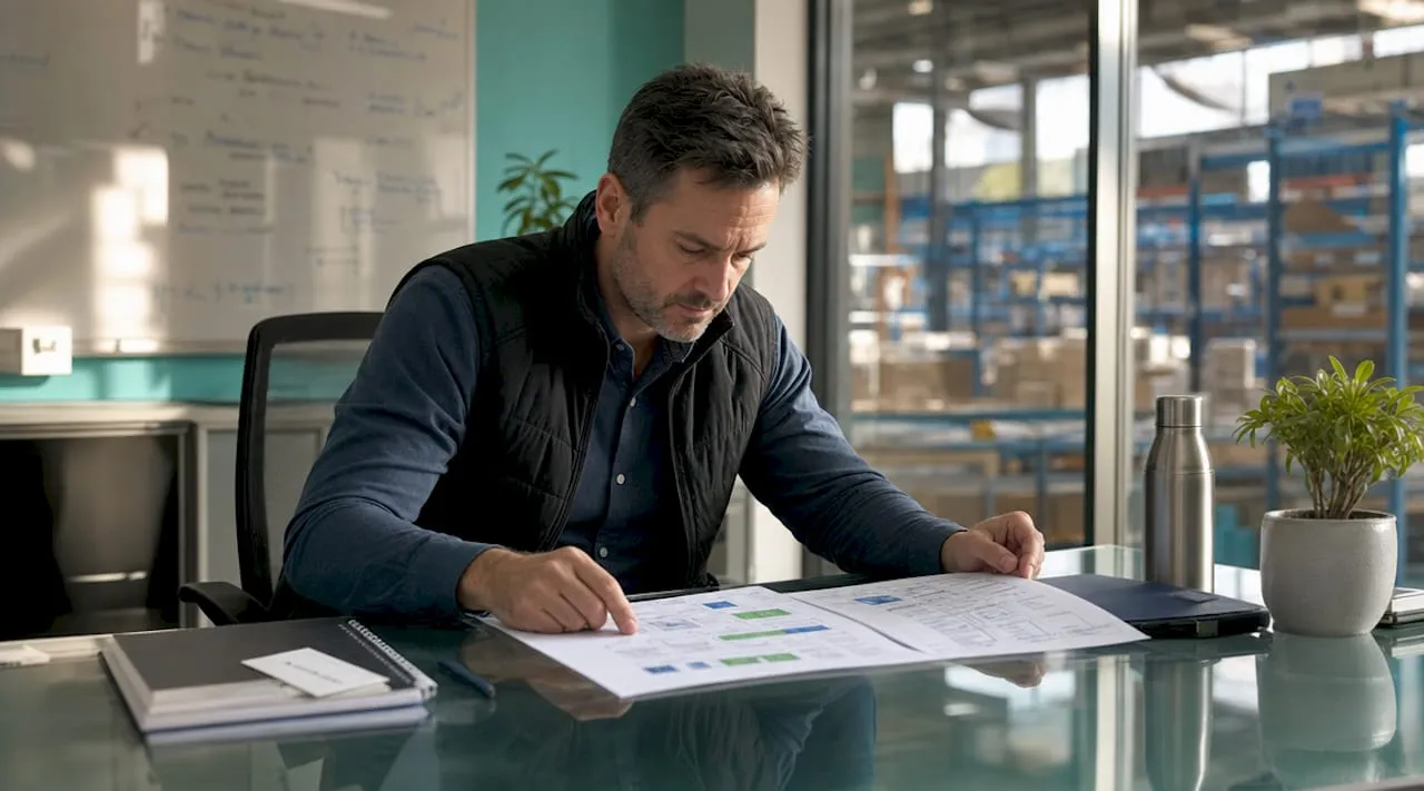 Logistics manager reviewing 3PL documents in a warehouse office