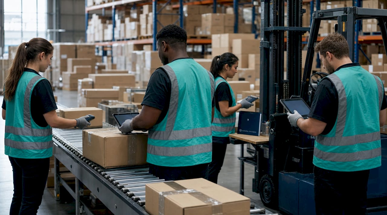 Overhead view of warehouse with digital inventory operations