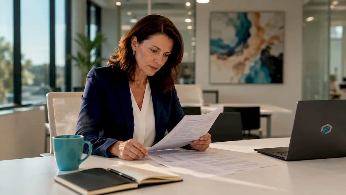 Woman reviewing 3PL contract documents at a desk