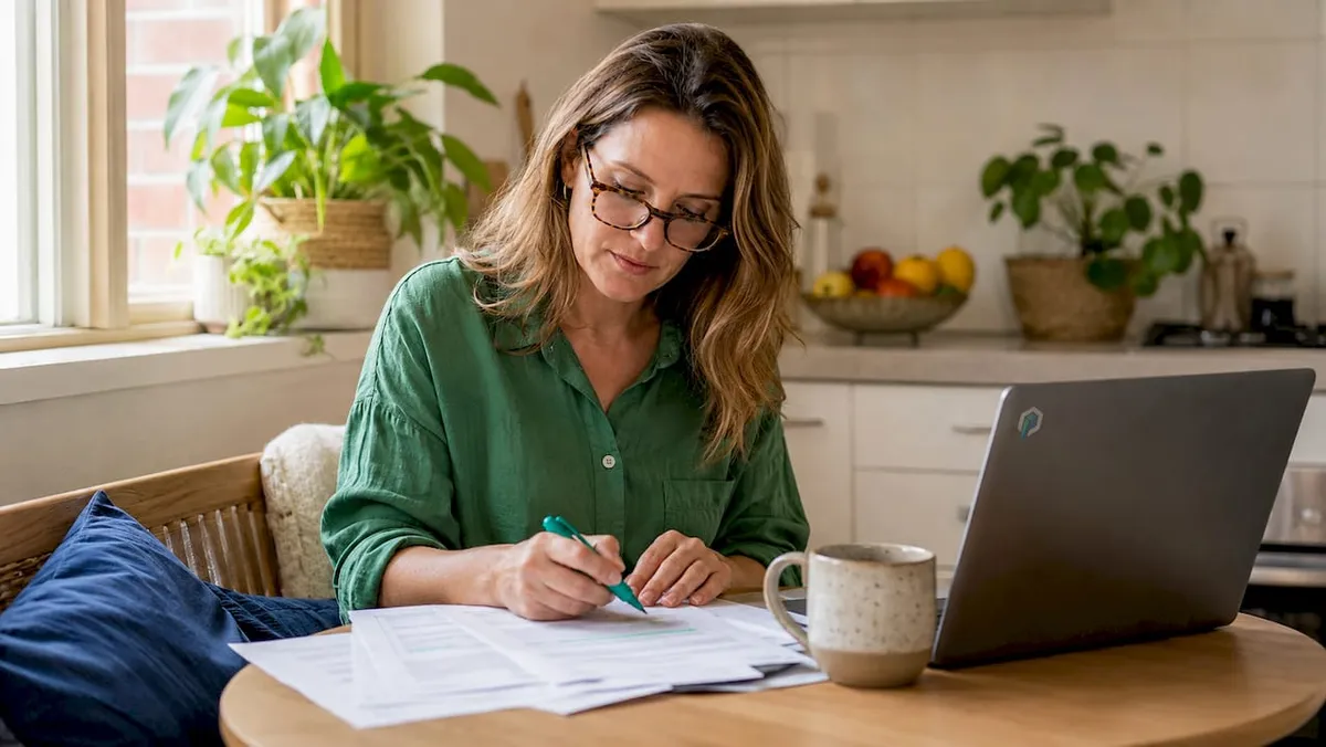Businesswoman reviewing 3PL contracts at a desk