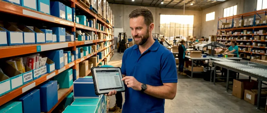 Warehouse manager reviewing ecommerce orders on a tablet at a Queensland 3PL fulfilment centre